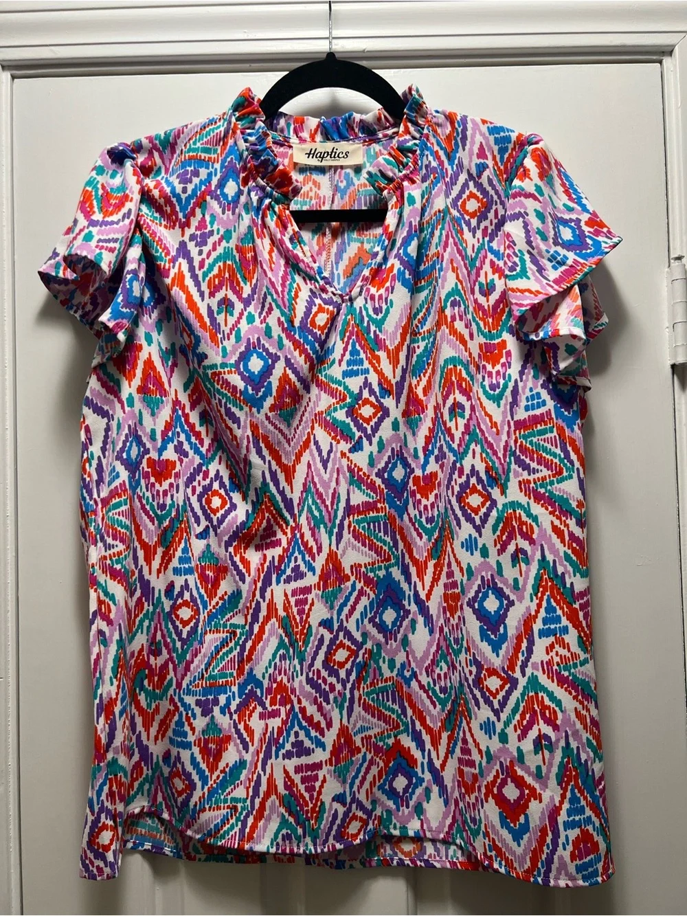 Haptics Multicolor Ikat Print Ruffle V-Neck Blouse — Red, Blue, Purple - Picture 1 of 3